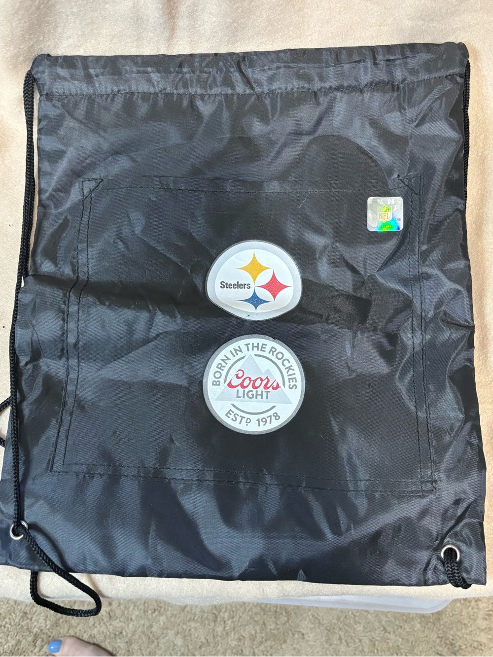 NFL Black Drawstring Backpack with Steelers & Coors Light Patches NWOT